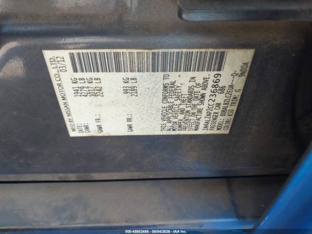 2012 Nissan Altima 2.5 S მანქანა იყიდება აუქციონზე, vin: 1N4AL2AP2CC236869, აუქციონის ნომერი: 45802486