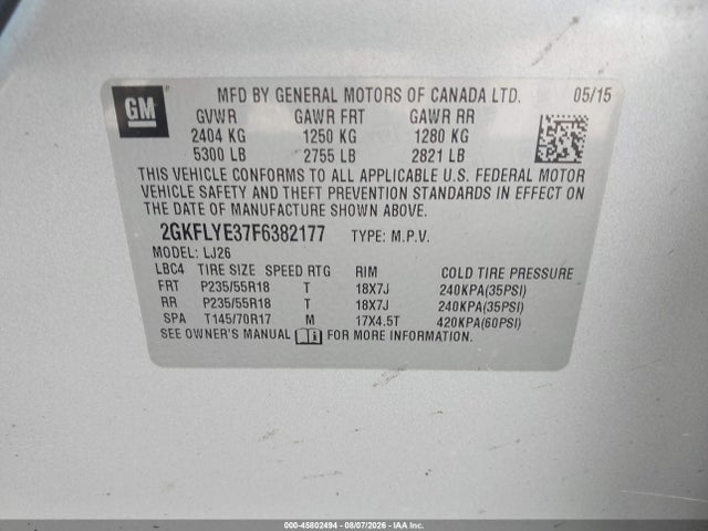Продажа на аукционе авто 2015 Gmc Terrain Slt-2, vin: 2GKFLYE37F6382177, номер лота: 45802494