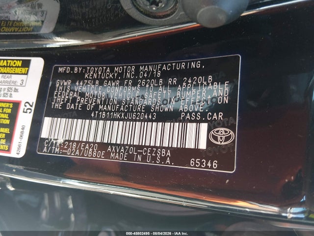 Aukcja sprzedaży 2018 Toyota Camry Se, vin: 4T1B11HKXJU620443, numer aukcji: 45802495