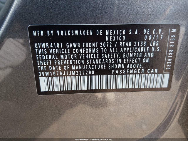 3VW167AJ1JM222299 Volkswagen Jetta 1.4t S