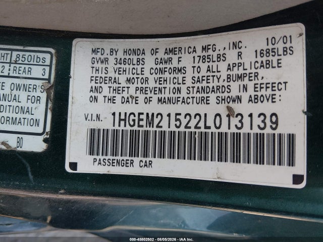 Aukcja sprzedaży 2002 Honda Civic Lx, vin: 1HGEM21522L013139, numer aukcji: 45802502