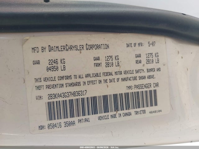 Aukcja sprzedaży 2007 Dodge Charger, vin: 2B3KA43G37H836317, numer aukcji: 45802503