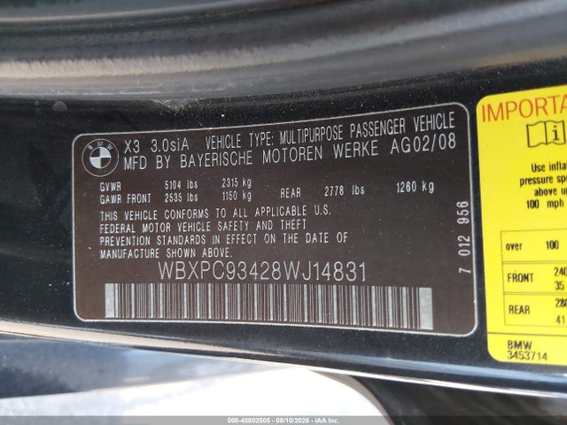 Aukcja sprzedaży 2008 Bmw X3 3.0si, vin: WBXPC93428WJ14831, numer aukcji: 45802505