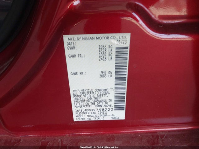 Продажа на аукционе авто 2023 Nissan Altima Sl Fwd, vin: 1N4BL4EVXPN398722, номер лота: 45802516