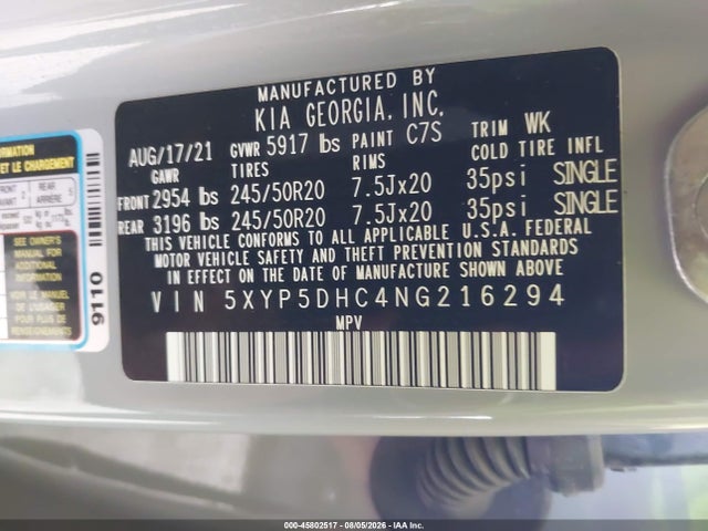 Продаж на аукціоні авто 2022 Kia Telluride Sx, vin: 5XYP5DHC4NG216294, номер лоту: 45802517