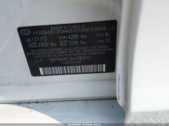 45802520 :رقم المزاد ، 5NPEB4AC3DH785574 vin ، 2013 Hyundai Sonata Gls مزاد بيع