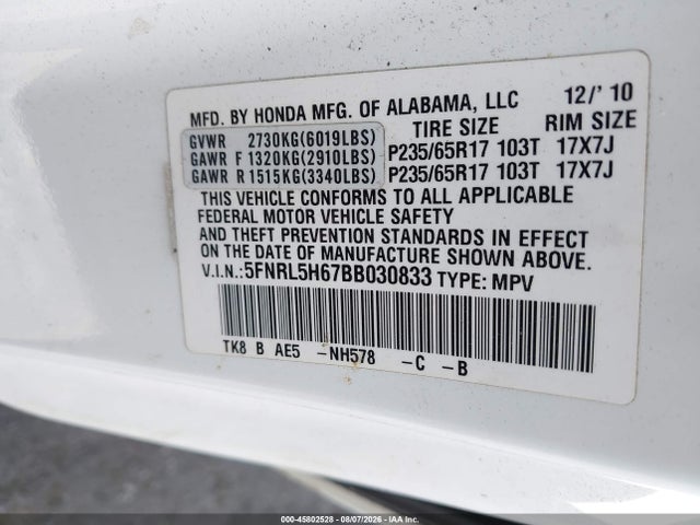 Aukcja sprzedaży 2011 Honda Odyssey Ex-l, vin: 5FNRL5H67BB030833, numer aukcji: 45802528
