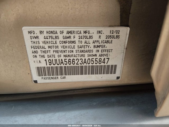 2003 Acura Tl 3.2 მანქანა იყიდება აუქციონზე, vin: 19UUA56623A055847, აუქციონის ნომერი: 45802531
