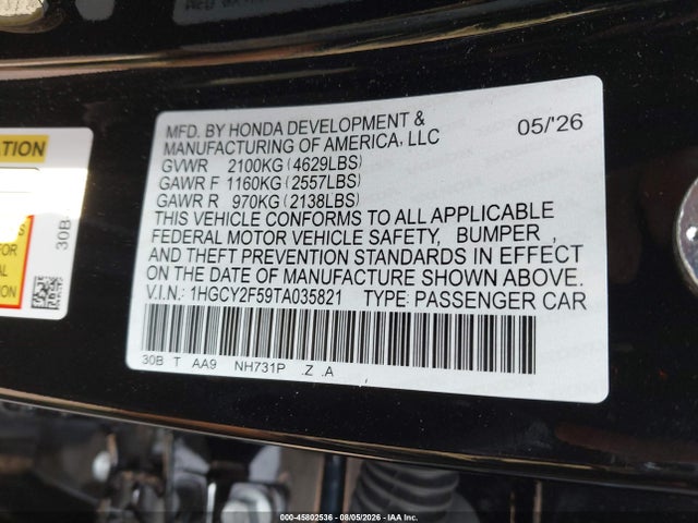 1HGCY2F59TA035821 Honda Accord Hybrid Sport