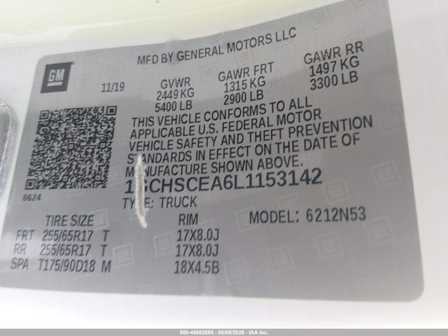 45802550 :رقم المزاد ، 1GCHSCEA6L1153142 vin ، 2020 Chevrolet Colorado 2wd  Long Box Lt مزاد بيع