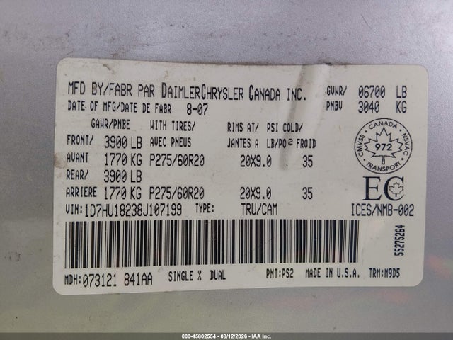 2008 Dodge Ram 1500 Slt მანქანა იყიდება აუქციონზე, vin: 1D7HU18238J107199, აუქციონის ნომერი: 45802554