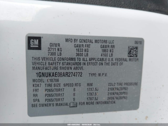 45802563 :رقم المزاد ، 1GNUKAE08AR274772 vin ، 2010 Chevrolet Tahoe Special Services مزاد بيع