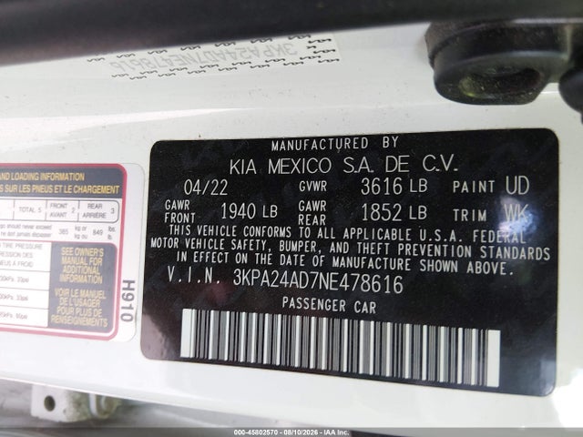 45802570 :رقم المزاد ، 3KPA24AD7NE478616 vin ، 2022 Kia Rio S مزاد بيع