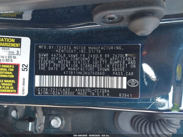 45802605 :رقم المزاد ، 4T1B11HK2KU740660 vin ، 2019 Toyota Camry Xle مزاد بيع