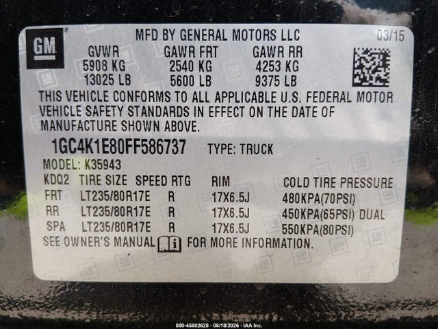 45802628 :رقم المزاد ، 1GC4K1E80FF586737 vin ، 2015 Chevrolet Silverado 3500hd Built After Aug 14 High Country مزاد بيع