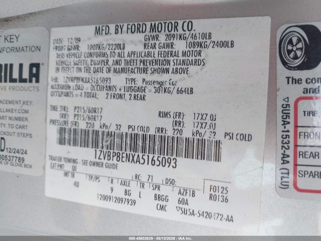 45802639 :رقم المزاد ، 1ZVBP8ENXA5165093 vin ، 2010 Ford Mustang مزاد بيع