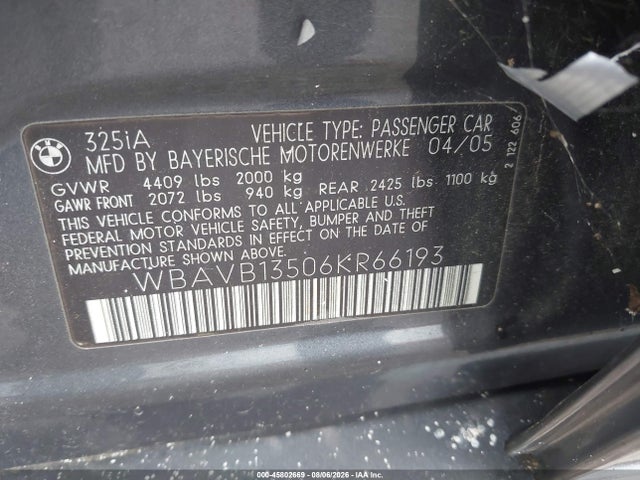 Продаж на аукціоні авто 2006 Bmw 325i, vin: WBAVB13506KR66193, номер лоту: 45802669