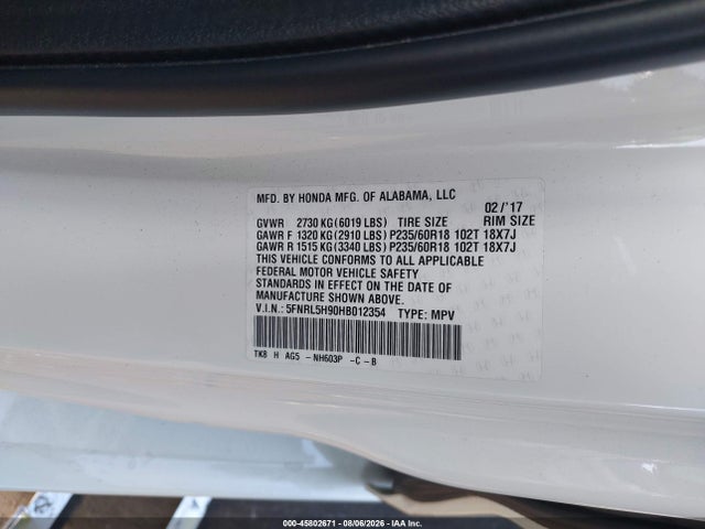 5FNRL5H90HB012354 Honda Odyssey Touring/touring Elite