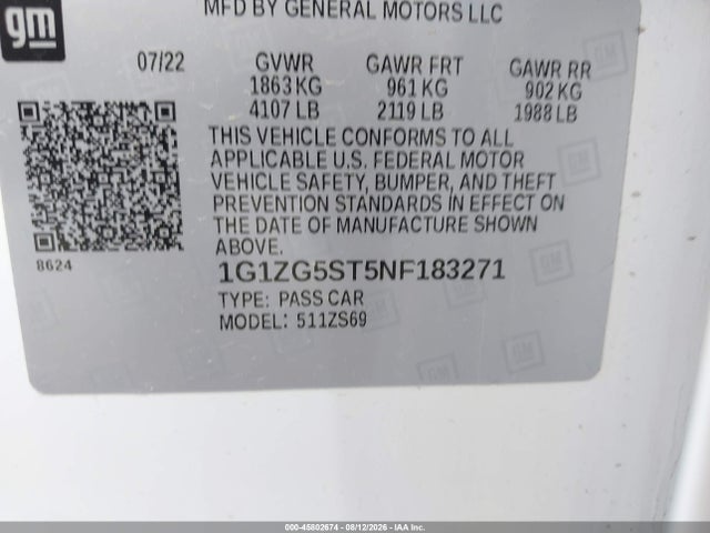Aukcja sprzedaży 2022 Chevrolet Malibu Fwd Rs, vin: 1G1ZG5ST5NF183271, numer aukcji: 45802674