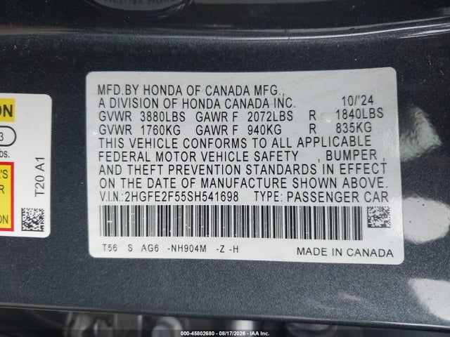 45802680 :رقم المزاد ، 2HGFE2F55SH541698 vin ، 2025 Honda Civic Sport مزاد بيع
