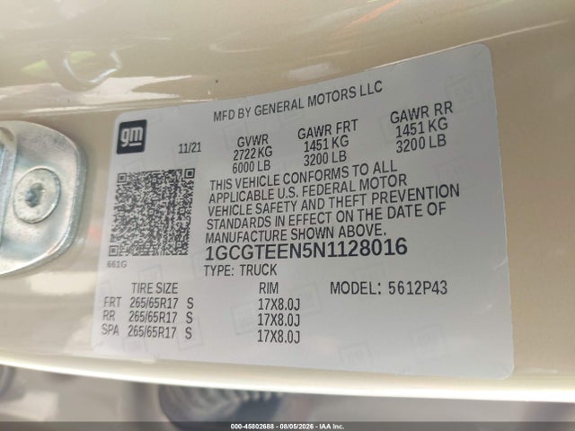 45802688 :رقم المزاد ، 1GCGTEEN5N1128016 vin ، 2022 Chevrolet Colorado 4wd  Short Box Zr2 مزاد بيع