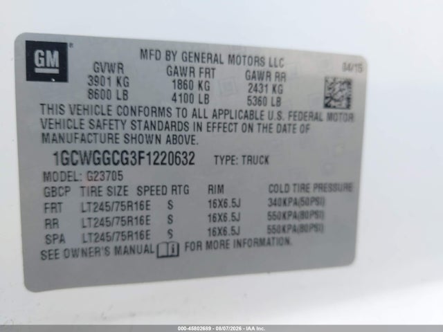 Chevrolet Express 2500 Work Van 2015 1GCWGGCG3F1220632 Image 9
