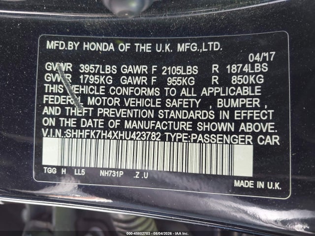 SHHFK7H4XHU423782 Honda Civic Sport