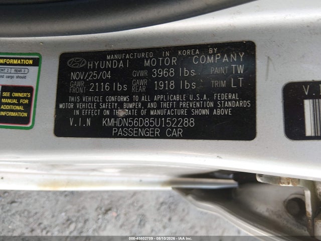 Aukcja sprzedaży 2005 Hyundai Elantra Gls/gt, vin: KMHDN56D85U152288, numer aukcji: 45802709