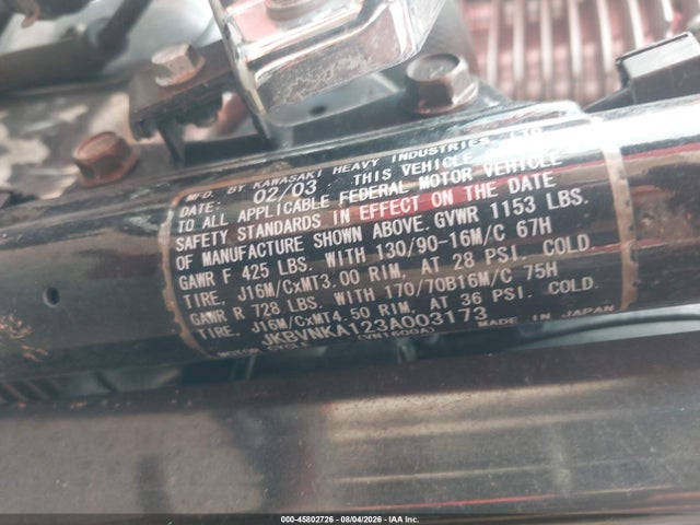 2003 Kawasaki Vn1600 A1 მანქანა იყიდება აუქციონზე, vin: JKBVNKA123A003173, აუქციონის ნომერი: 45802726