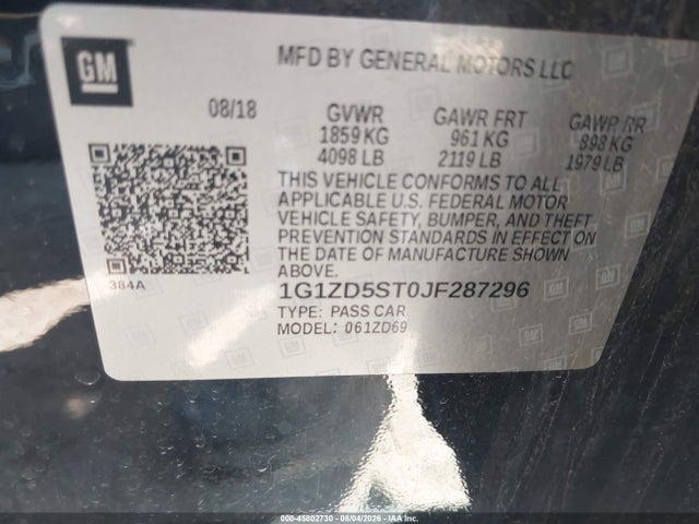 45802730 :رقم المزاد ، 1G1ZD5ST0JF287296 vin ، 2018 Chevrolet Malibu Lt مزاد بيع