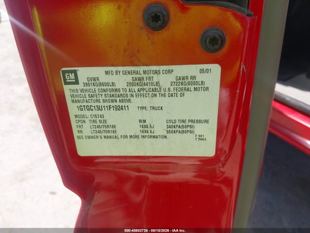 2001 Gmc Sierra 1500hd Sle მანქანა იყიდება აუქციონზე, vin: 1GTGC13U11F192411, აუქციონის ნომერი: 45802738