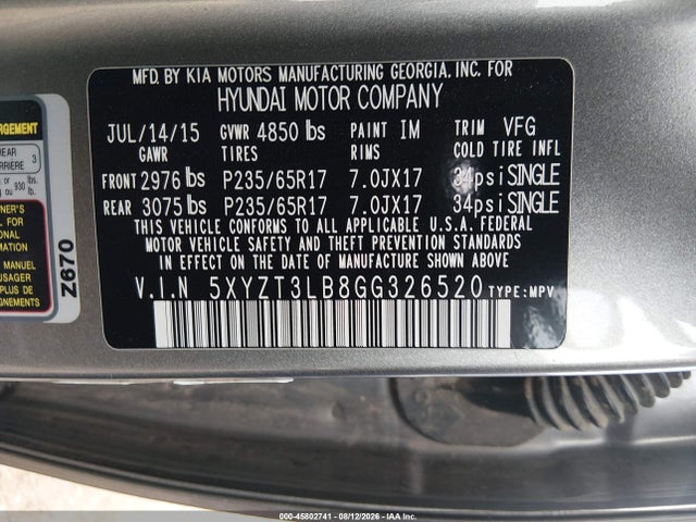 2016 Hyundai Santa Fe Sport 2.4l მანქანა იყიდება აუქციონზე, vin: 5XYZT3LB8GG326520, აუქციონის ნომერი: 45802741