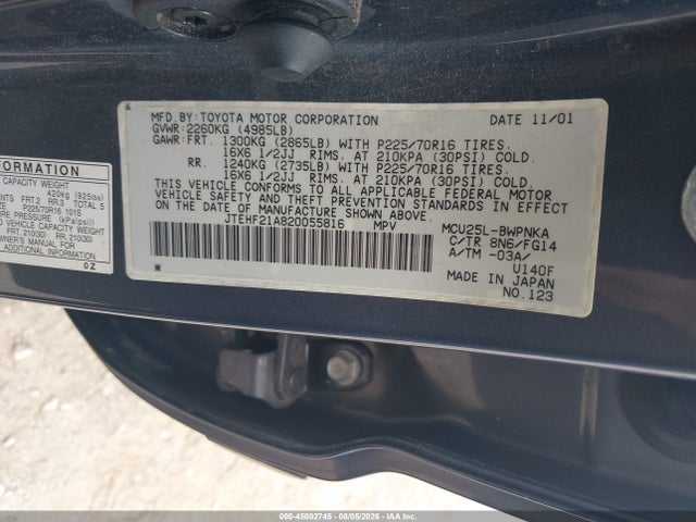 45802745 :رقم المزاد ، JTEHF21A820055816 vin ، 2002 Toyota Highlander V6 مزاد بيع