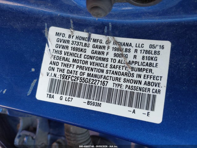 2016 Honda Civic Lx მანქანა იყიდება აუქციონზე, vin: 19XFC2F55GE227167, აუქციონის ნომერი: 45802746