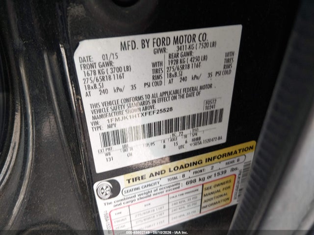 Ford Expedition El Xlt 2015 1FMJK1HTXFEF25528 Image 9