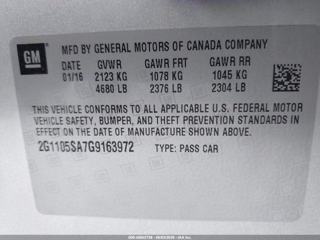Chevrolet IMPALA 1LT 2016 2G1105SA7G9163972 Image 9