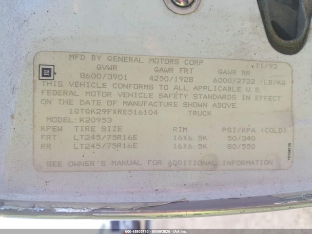 Продаж на аукціоні авто 1994 Gmc Sierra K2500, vin: 1GTGK29FXRE516104, номер лоту: 45802783