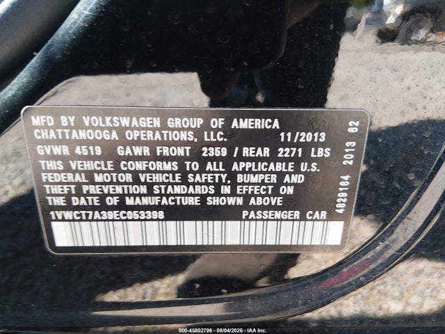 2014 Volkswagen Passat 1.8t Sel Premium მანქანა იყიდება აუქციონზე, vin: 1VWCT7A39EC053398, აუქციონის ნომერი: 45802796
