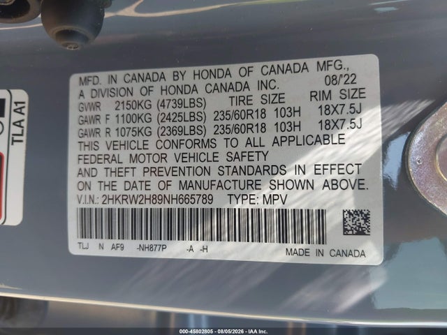 45802805 :رقم المزاد ، 2HKRW2H89NH665789 vin ، 2022 Honda Cr-v Awd Ex-l مزاد بيع