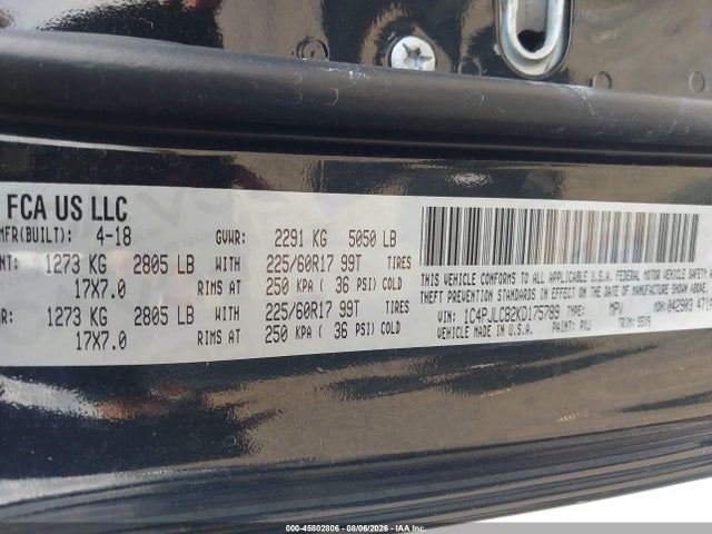 Продажа на аукционе авто 2019 Jeep Cherokee Latitude Fwd, vin: 1C4PJLCB2KD175789, номер лота: 45802806