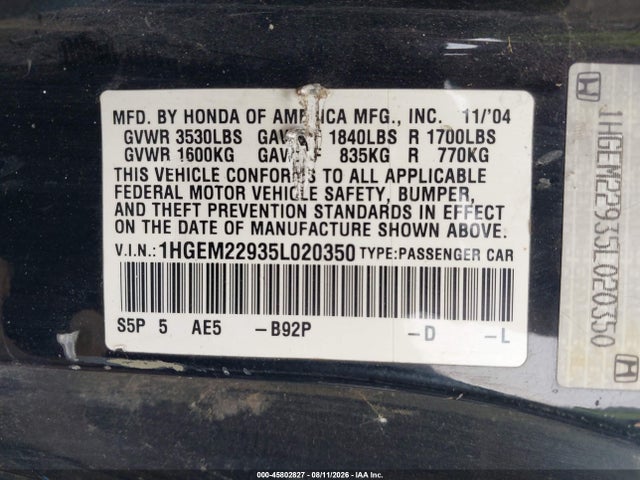 2005 Honda Civic Ex მანქანა იყიდება აუქციონზე, vin: 1HGEM22935L020350, აუქციონის ნომერი: 45802827