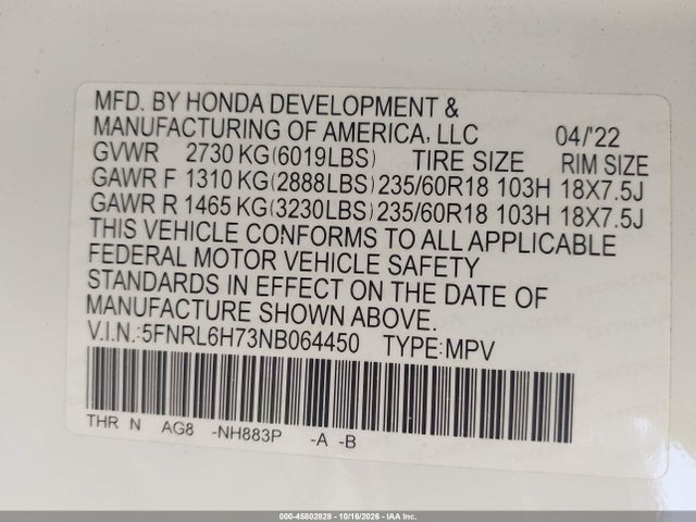 Aukcja sprzedaży 2022 Honda Odyssey Ex-l, vin: 5FNRL6H73NB064450, numer aukcji: 45802828