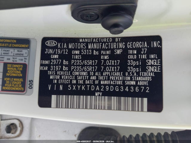 Продаж на аукціоні авто 2013 Kia Sorento Lx V6, vin: 5XYKTDA29DG343672, номер лоту: 45802837