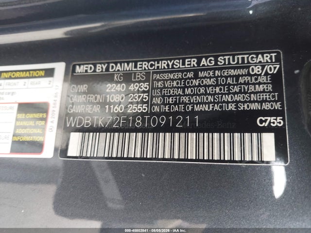 Продаж на аукціоні авто 2008 Mercedes-benz Clk 550, vin: WDBTK72F18T091211, номер лоту: 45802841
