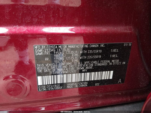 45802854 :رقم المزاد ، 2T3J1RFV9KW012932 vin ، 2019 Toyota Rav4 Adventure مزاد بيع
