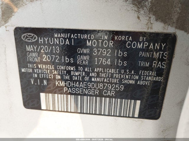 45802856 :رقم المزاد ، KMHDH4AE9DU879259 vin ، 2013 Hyundai Elantra Gls مزاد بيع