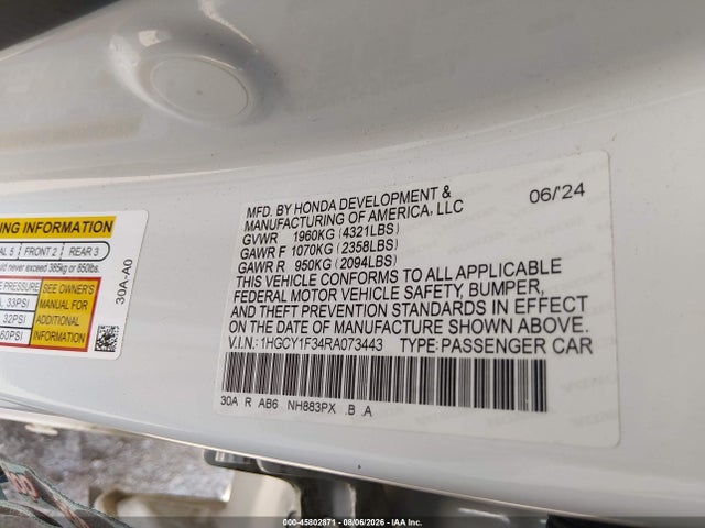 45802871 :رقم المزاد ، 1HGCY1F34RA073443 vin ، 2024 Honda Accord Ex مزاد بيع