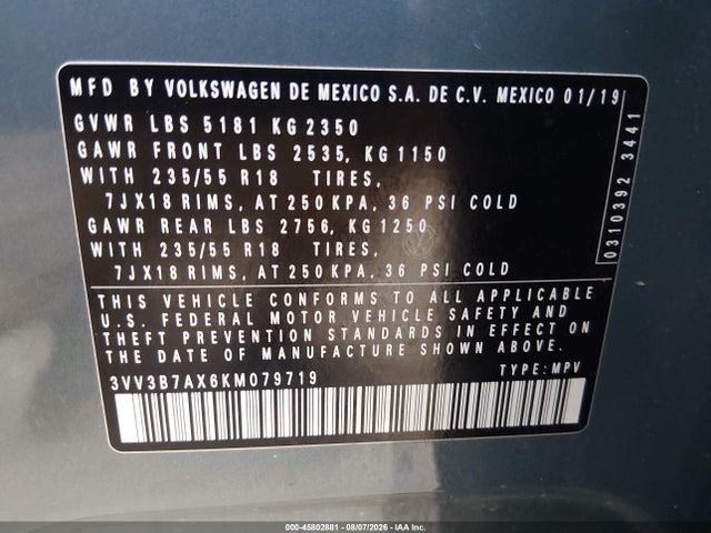 Auction sale of the 2019 Volkswagen Tiguan, vin: 3VV3B7AX6KM079719, lot number: 45802881
