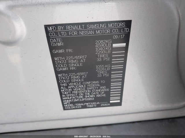 45802887 :رقم المزاد ، KNMAT2MT2JP511813 vin ، 2018 Nissan Rogue S مزاد بيع