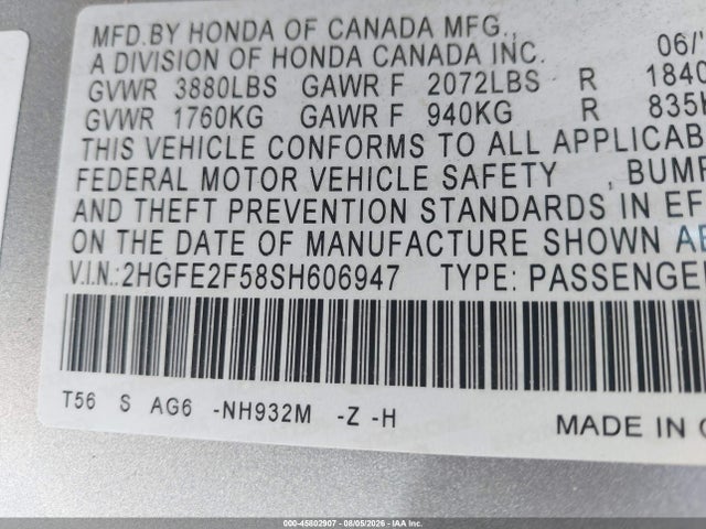 2HGFE2F58SH606947 Honda Civic Sport